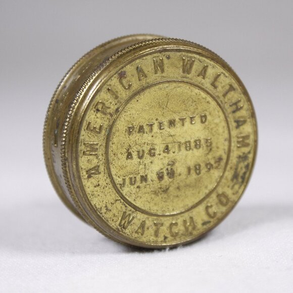 Antique American Waltham Watch Co. brass box, watch parts storage box, flat ring - Picture 2 of 10